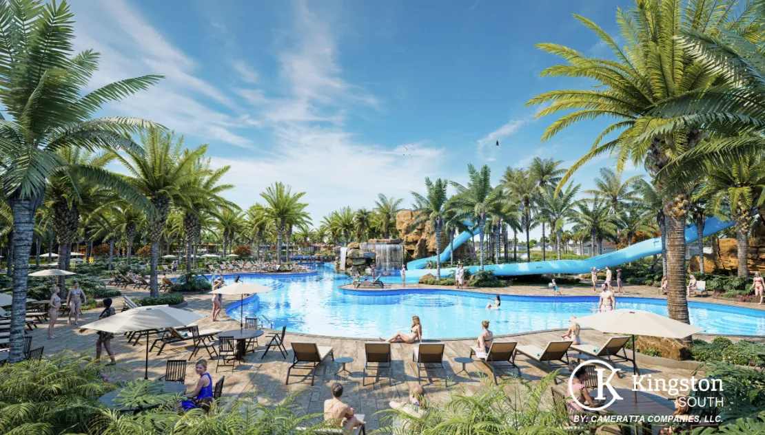 Rendering of the Kingston South pool with waterslides and lounge chairs
